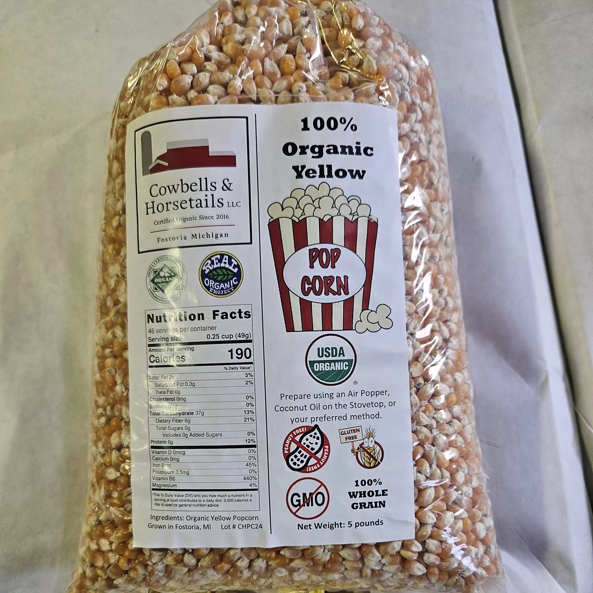 Certified Organic Yellow Popcorn Kernels